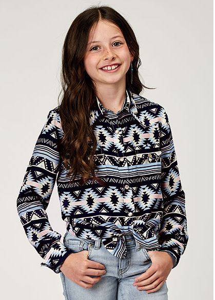 le bos Roper Navy Aztec Printed Rayon Girl's Collared Long Sleeve Snap Blouse 308005902063BU