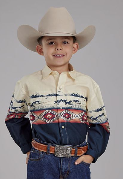 le bos Roper Open Range Border Scenic Boys Collared Longsleeve Snap Shirt 03-030-0421-0648 BU