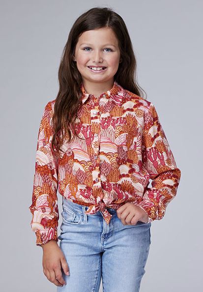 le bos Roper Pink Girl's Groovy Cacti Printed Rayon Longsleeve Collared Snap Western Blouse 308005904045PI