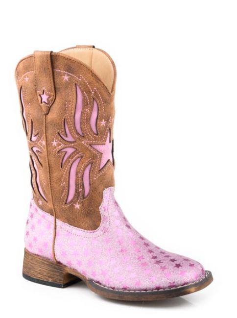 le bos Roper Pink Glitter Star Vamp/Tan Shaft Little Kids Wide Square Toe Boots with Glitter Underlay 0901819033619PI