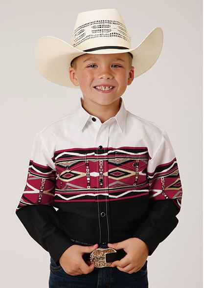 le bos Roper Red/Black/White Tribal Border Boy's Collared Long Sleeve Vintage Style Snap Shirt 03-030-0431-0409 BL