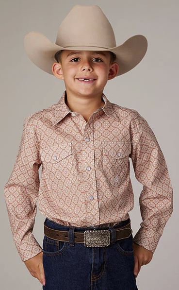 le bos Roper Rust Medallion Print Boy's Collared Longsleeve Snap Western Shirt 03-030-0225-4031 RT