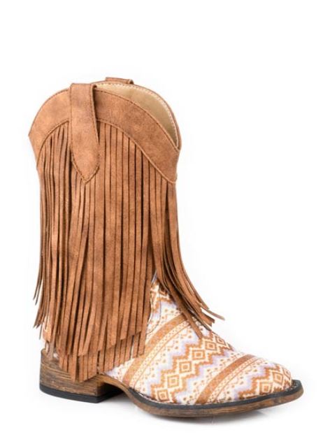 le bos Roper Tan Aztec Glitter Vamp/Fringe Little Kids Wide Square Toe Faux Leather Boots 0901819033503TA