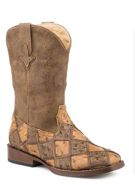 le bos Roper Tan/Brown Patchwork Big Kids Faux Ostrich Wide Square Toe Boots 09119022102TA