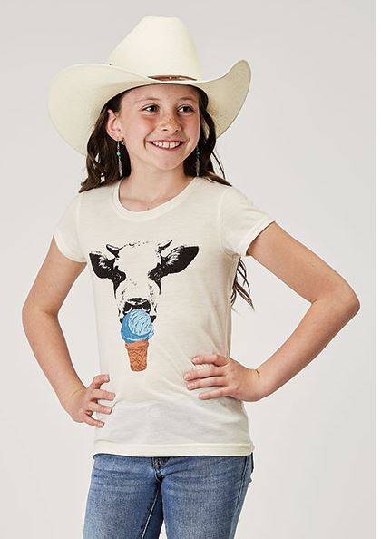 le bos Roper White Girl's Cream Jersey Knit Cow with Ice Cream Tee Short Sleeve Shirt 300905132020WH