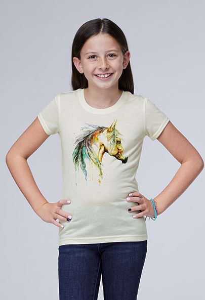 le bos Roper White Girl's Cream Jersey Knit Short Sleeve Horse T-Shirt with Scoop Neckline 300905134042WH