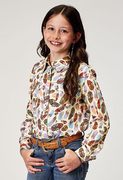 le bos Roper with Multicolors Girl's Feather Toss Printed Rayon Longsleeve Snap Blouse 308005902036MU