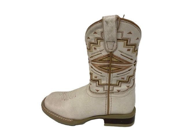 le bos Roper With with Aztec Print Shaft Little Girls White Vintage Leather Upper Square Toe Boots 09-018-0912-3315WH