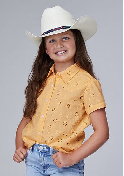 le bos Roper Yellow/Gold Girl's Cotton Eyelet Collared Short Sleeve Blouse 308105924040YE