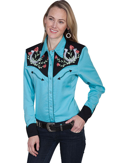 le bos Scully Turquoise Women's Collared Longsleeve Shirt with Horseshoe/Rose Embroidered Yoke PL-637TUR