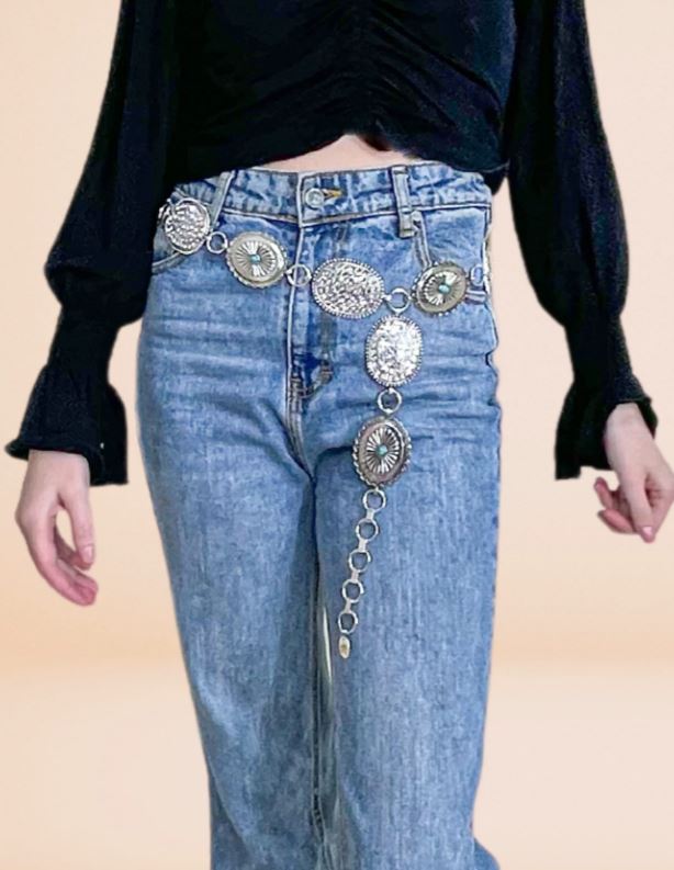 le bos Southern Grace Silver with Turquoise Color Stones and Rhinestone Women's Concho Belt B91252CLR-REG