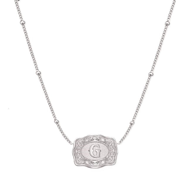le bos Spurwest Silver Ultra Mini Belt Buckle Initial G Necklace U-NK-SLV-BC-G