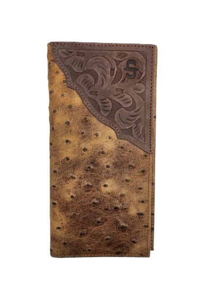 le bos Stetson Brown/California Nut Color Ostrich Print Leather Checkbook Style Rodeo Wallet 9802003-229