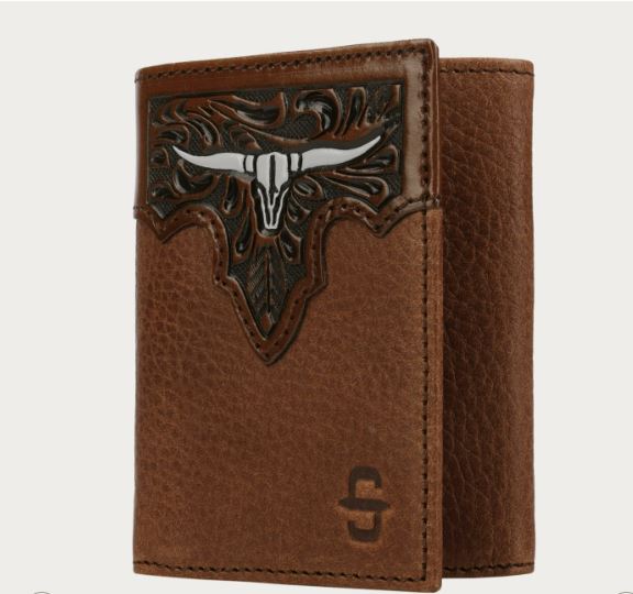 le bos Stetson Brown Steer Head Men's Trifold Pebble Grain Leather Wallet 9805001-200