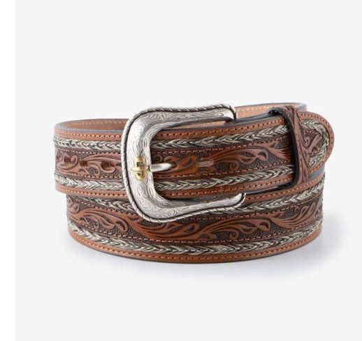 le bos Stetson Natural Hand Tooled Leather Belt with Two Tone Finish Buckle 9922500-104