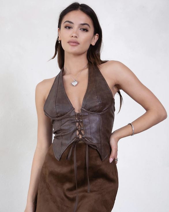 Le Bos TicToc Brown Cara Lightweight PU Halter Top TH30046
