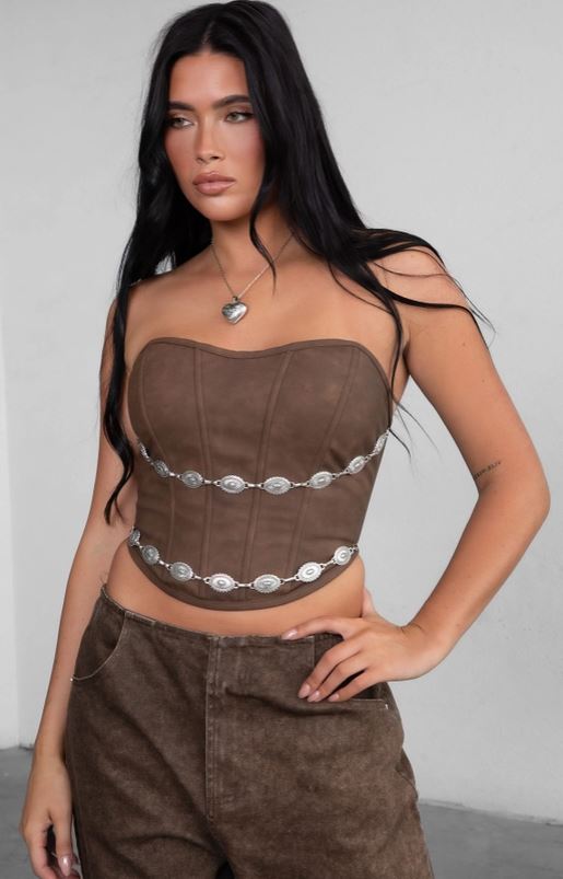 le bos TicToc Brown Glendora Western Distressed PU Leather Strapless Corset Top TA30530