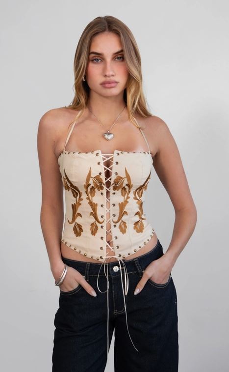 le bos TicToc Khaki Clementine Stretch Embroidered Western Bustier Corset Top TA31103