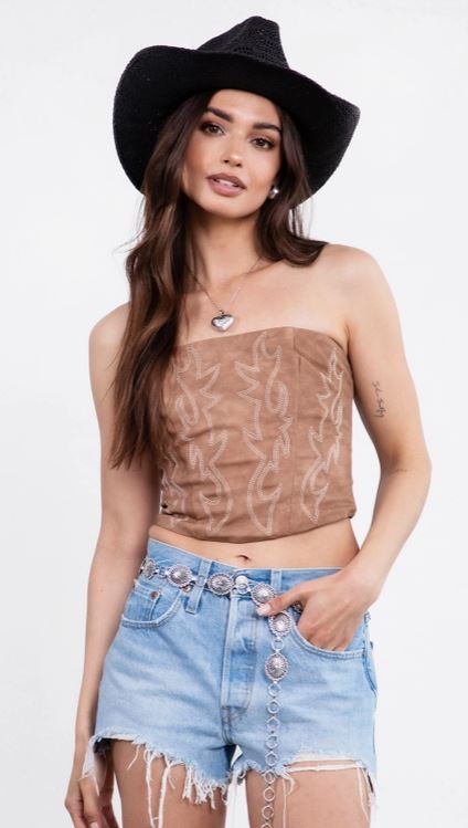 le bos TicToc Light Brown Beckee Vegan Leather Embroidered Western Corset Top TA29069