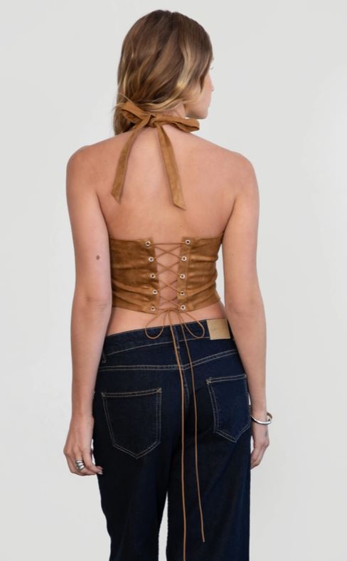 Le Bos TicToc Tan Margee Western Embroidered Suede Self-Tie Halter Top TA30892