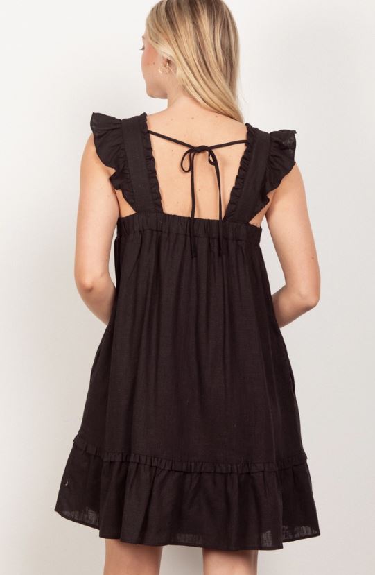 le bos Very J Black Ruffled Solid Linen Backless Women's Mini Dress ND31184-BLK
