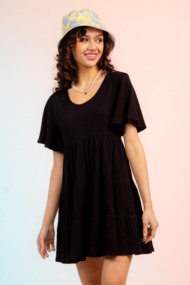 le bos Very J Black Women's Short Sleeve Dress Multi-Tier Babydoll Mini Dress ND30832-BLK