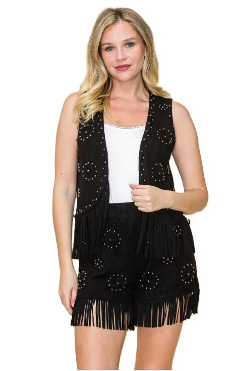 le bos Vocal Apparel Black Stud Embellished Fringe Women's Vest Y3240V-BLACK