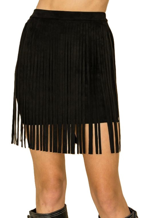 le bos Vocal Apparel Black Suede Fringe Women's Mini Skirt 20250SK-BLACK