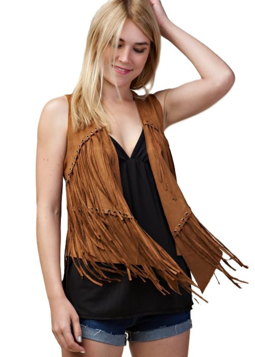 le bos Vocal Apparel Camel Women's Vest with Fringed Detailing IM0653V-CAMEL