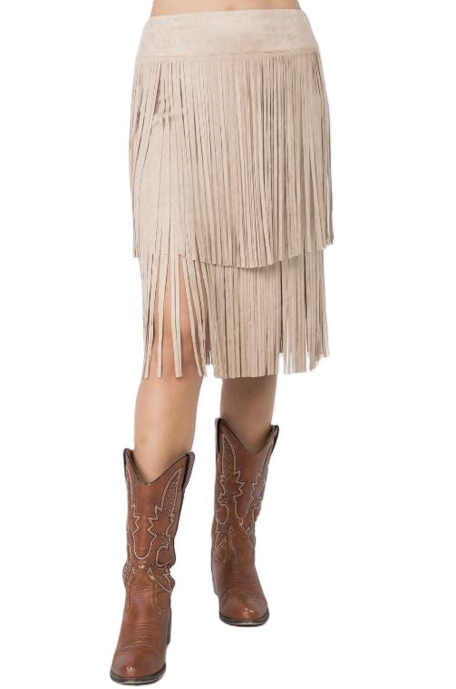 le bos Vocal Apparel Taupe Suede Tiered Women's Fringed Skirt IM2007SK-TAUPE
