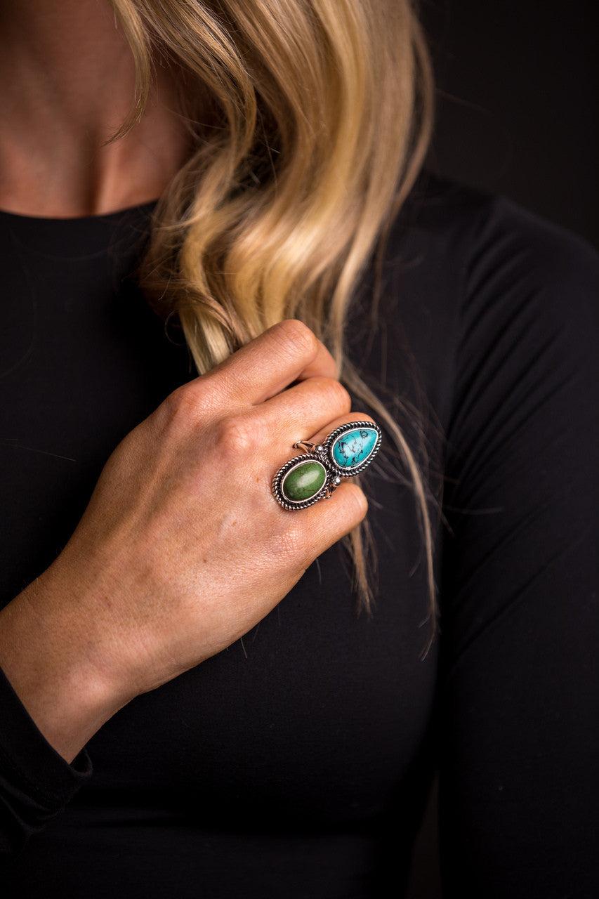 le bos West and Co. 2 inch Adjustable Turquoise and Green Teardrop and Oval Two Stone Rings R293TQGRN