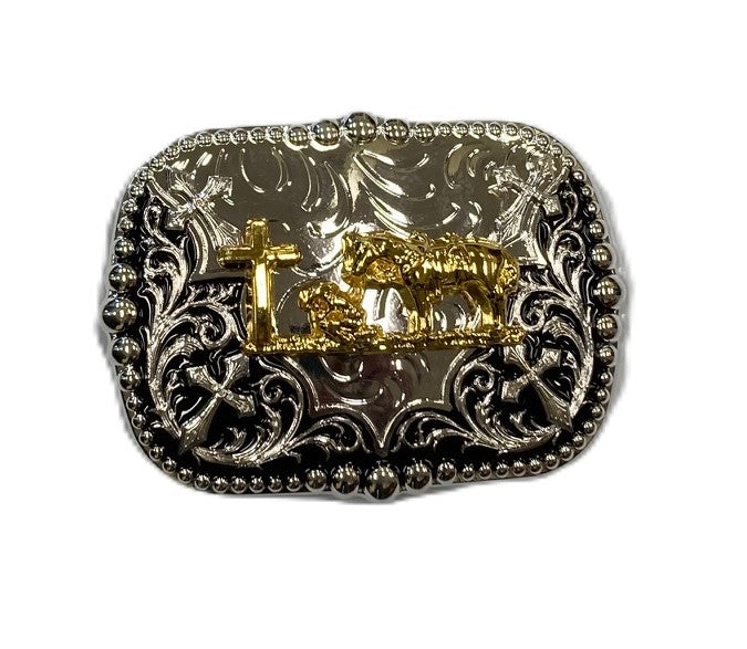 le bos West Star Gold/Silver Look Praying Cowboy 2 Tone Buckle PRAYCB2TONESQ