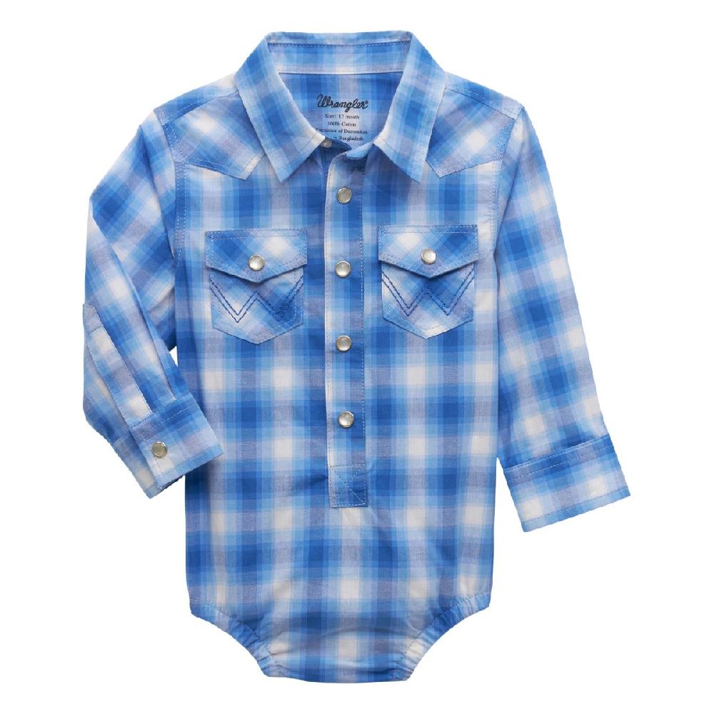 le bos Wrangler Arctic Blue Plaid Baby Boy's Long Sleeve Western Snap Bodysuit 112355399