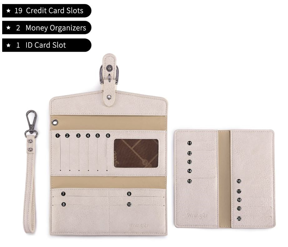 Le Bos Wrangler Beige Western Cow-Print Trifold RFID Wallet/Wristlet With Detachable Credit Card Holder WG195-W054BG