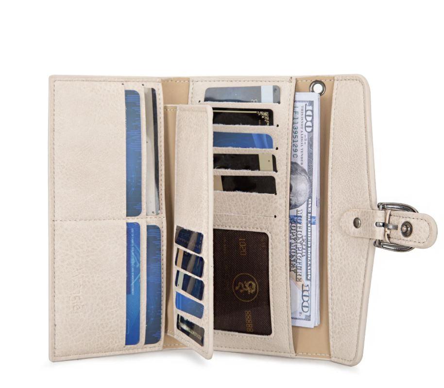 Le Bos Wrangler Beige Western Cow-Print Trifold RFID Wallet/Wristlet With Detachable Credit Card Holder WG195-W054BG