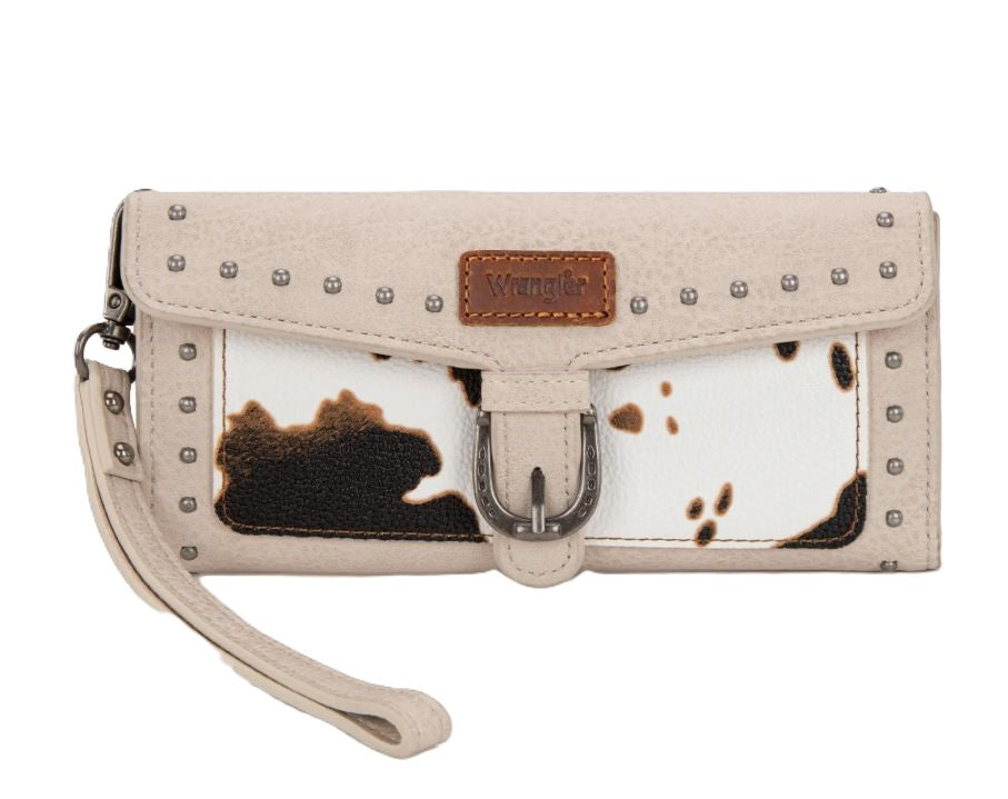 le bos Wrangler Beige Western Cow-Print Trifold RFID Wallet/Wristlet with Detachable Credit Card Holder WG195-W054BG