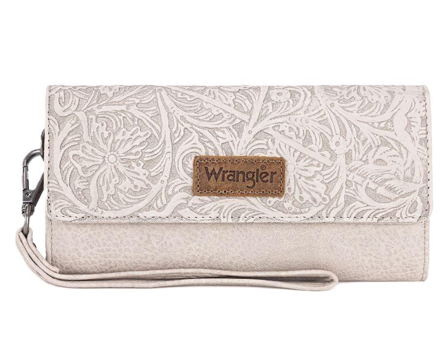 le bos Wrangler Beige Western Floral Tooled Tri-fold RFID Wallet/Wristlet WG196-WO56BG