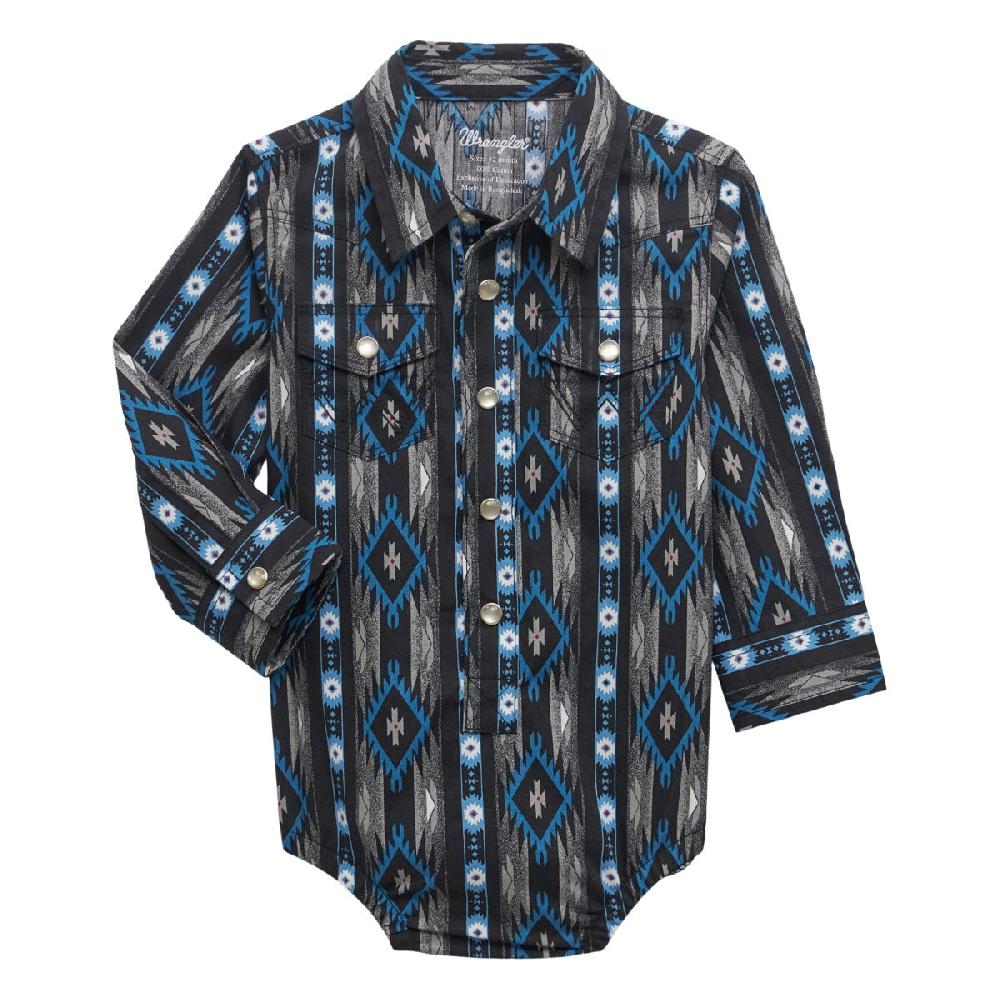 le bos Wrangler Black Bleu Print Checotah Longsleeve Baby Boy's Western Snap Bodysuit 112355398