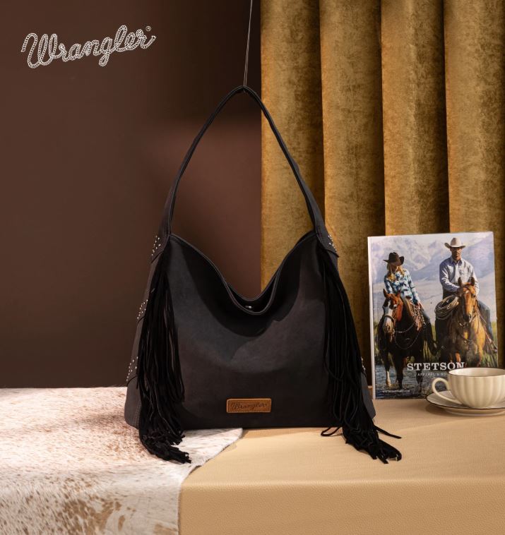 Le Bos Wrangler Black Fringe Studded Hobo Bag WG244-9182BK