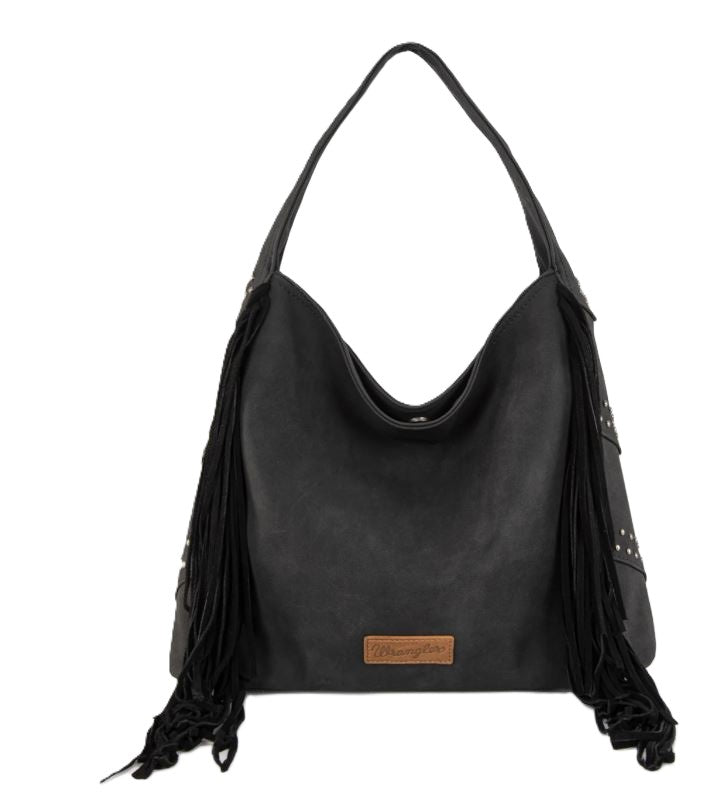 le bos Wrangler Black Fringe Studded Hobo Bag WG244-9182BK