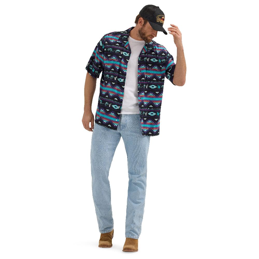 Le Bos Wrangler Black Multi Coconut Cowboy Men's Collared Classic Fit Short Sleeve Shirt 112365609