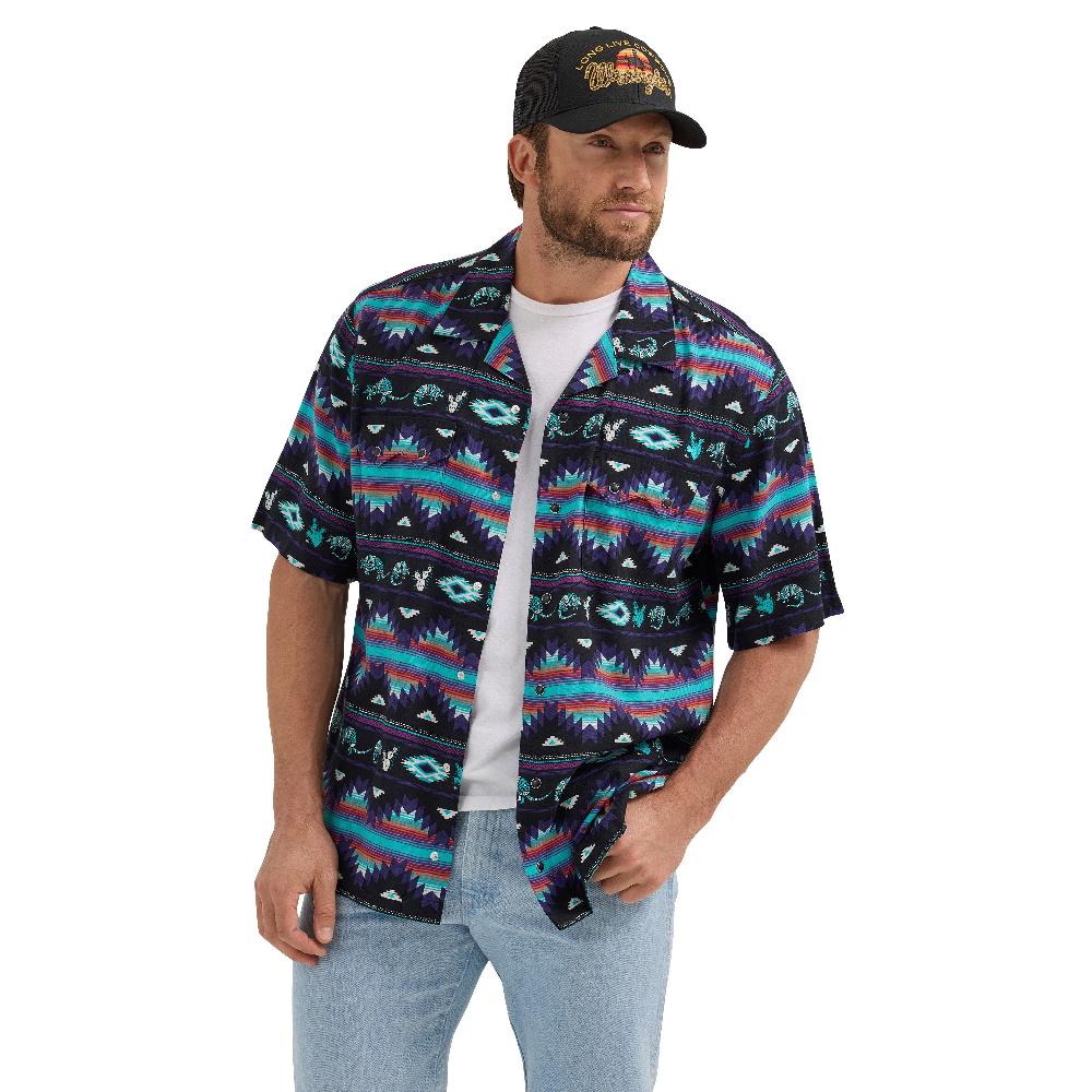le bos Wrangler Black Multi Coconut Cowboy Men's Collared Classic Fit Short Sleeve Shirt 112365609