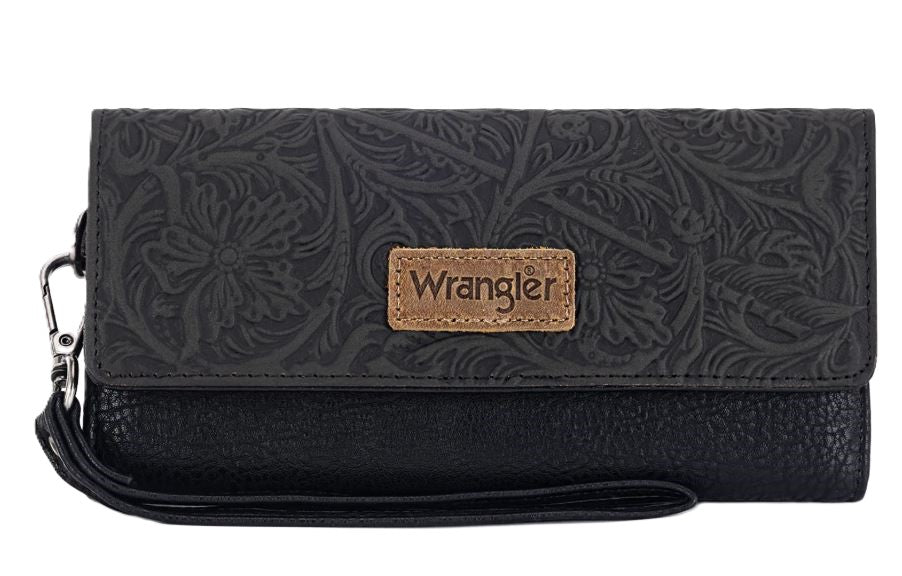 le bos Wrangler Black Western Floral Tooled Tri-fold RFID Wallet/Wristlet WG196-W056BK