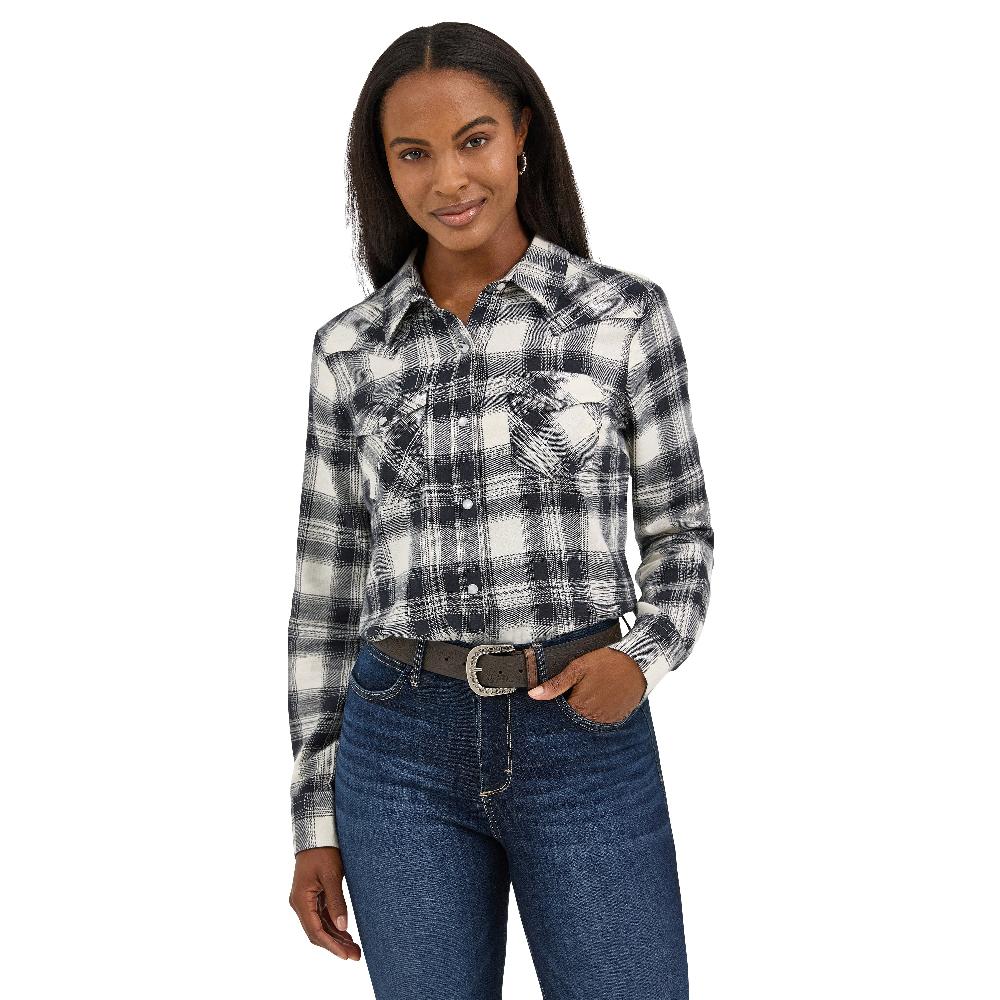le bos Wrangler Black Winter Plaid Women's Collared Longsleeve Snap Flannel Shirt 112371682