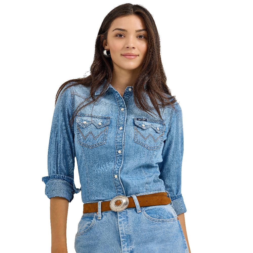 Le Bos Wrangler Blue Denim Retro Denim Women's Long Sleeve Snap Shirt 112367313