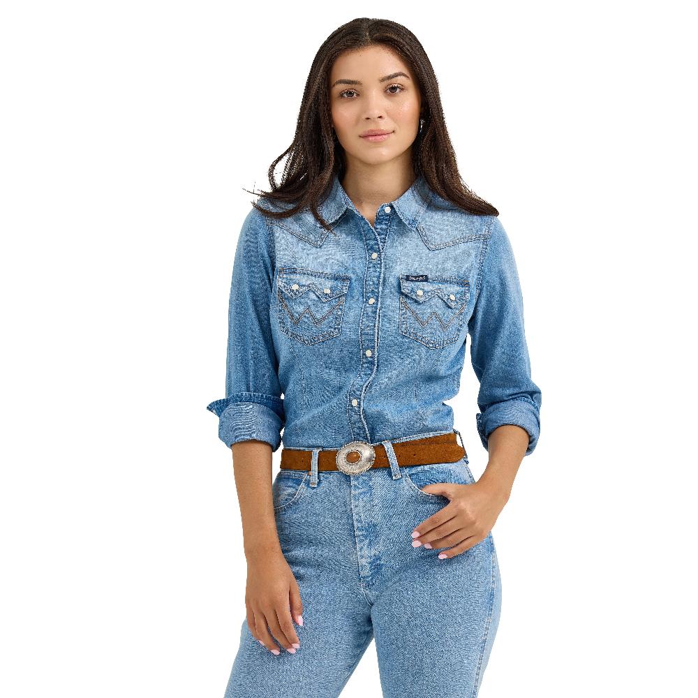 Le Bos Wrangler Blue Denim Retro Denim Women's Long Sleeve Snap Shirt 112367313