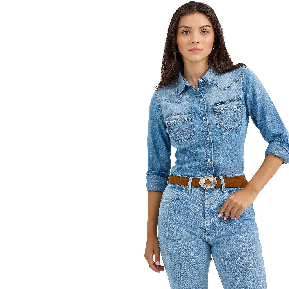 Le Bos Wrangler Blue Denim Retro Denim Women's Long Sleeve Snap Shirt 112367313
