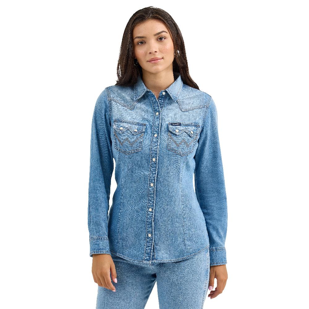 le bos Wrangler Blue Denim Retro Denim Women's Long Sleeve Snap Shirt 112367313