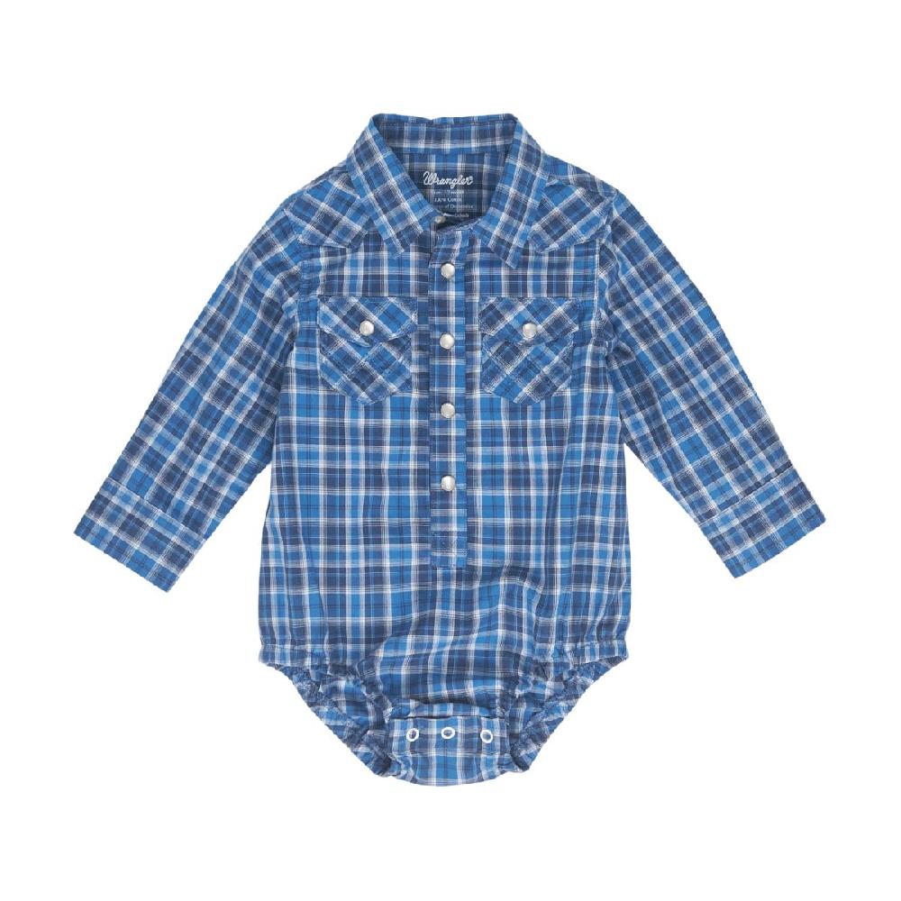 le bos Wrangler Blue Plaid Baby Collared Longsleeve Onesie 112352754
