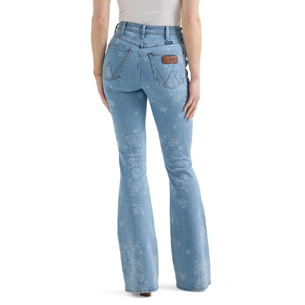 Le Bos Wrangler Blue Retro Bailey Women's High Rise Paisley Printed Flare Jeans 112359362